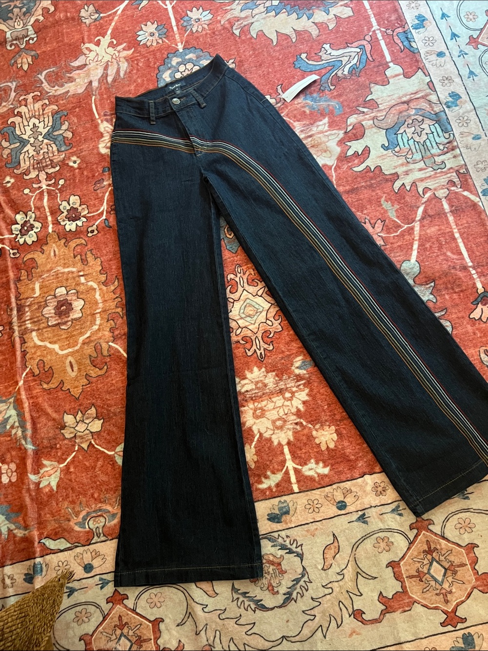 Modcloth Dark Blue Wide Leg Jeans with Embroidered Rainbow Stripe